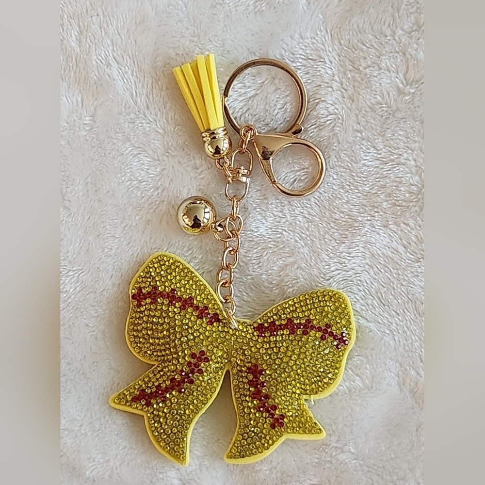 Softball Yellow Rhinestone Bow Keychain Bag Charm